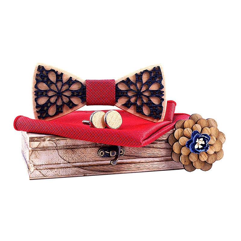Set di 4 papillon in legno con accessori patchwork da uomo