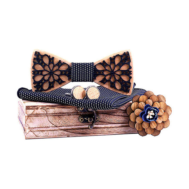 Set di 4 papillon in legno con accessori patchwork da uomo