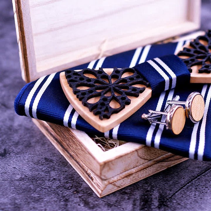 Set di 4 papillon in legno con accessori patchwork da uomo