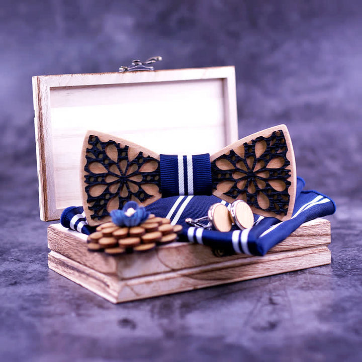 Set di 4 papillon in legno con accessori patchwork da uomo