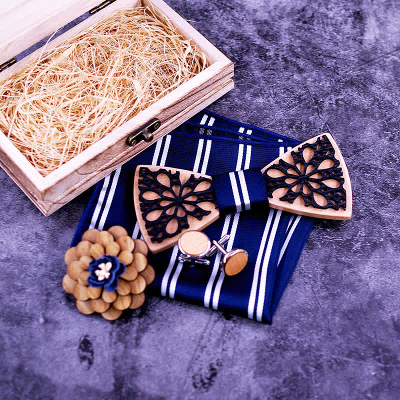 Set di 4 papillon in legno con accessori patchwork da uomo