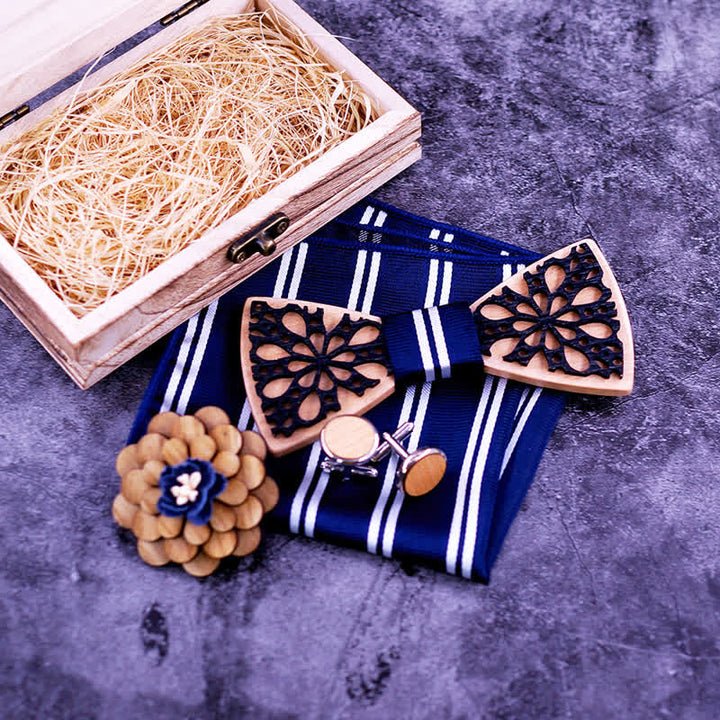 Set di 4 papillon in legno con accessori patchwork da uomo