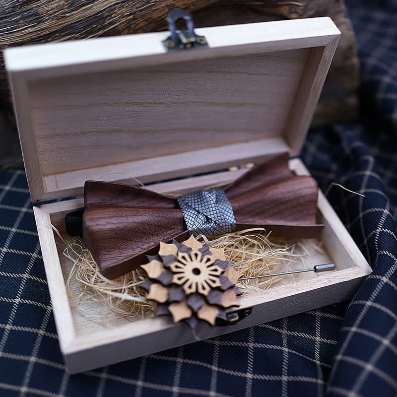 Set di 2 papillon in legno di noce nero con design 3D da uomo