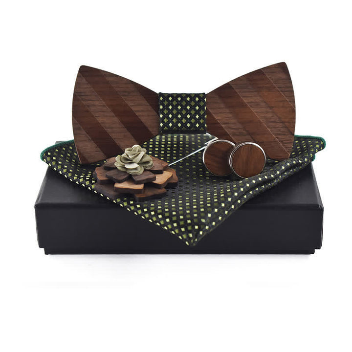 Set di 4 papillon in legno con motivo a righe formali da uomo - Oliva - image 9