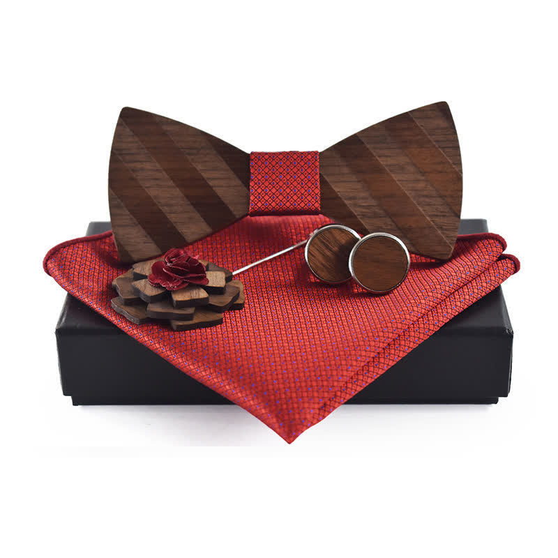 Set di 4 papillon in legno con motivo a righe formali da uomo - Rosso - image 6