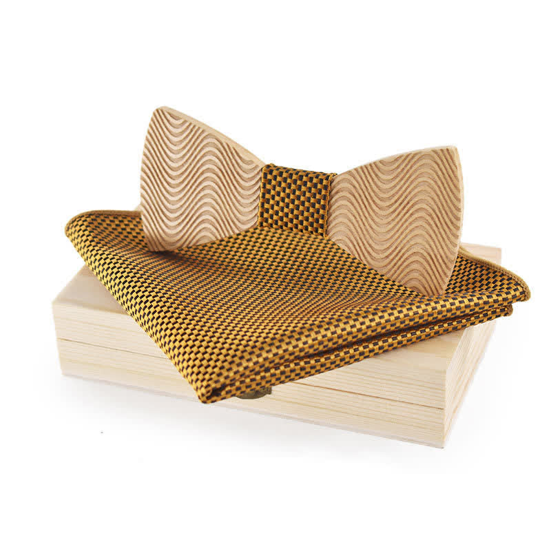 Set di 2 papillon in legno a quadri con onde abbaglianti da uomo - Oro - image 0