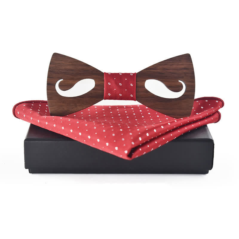 Set di 2 papillon in legno intagliato a forma di baffi cavi da uomo - Rosso - image 0