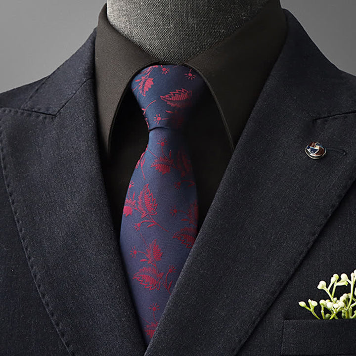 Cravatta da uomo con motivo floreale vintage - Blu marino e rosso - Da annodare - image 19