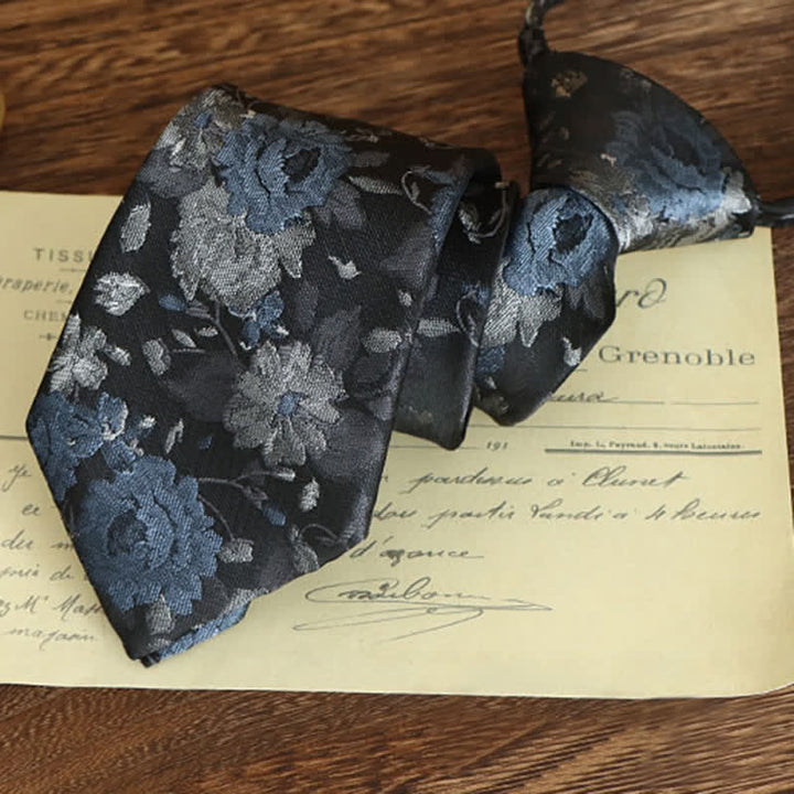 Cravatta da uomo con motivo floreale vintage - Blu e grigio - Cerniera - image 3