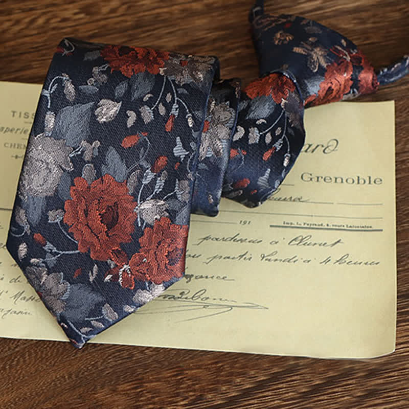 Cravatta da uomo con motivo floreale vintage - Arancione e blu navy - Cerniera - image 11