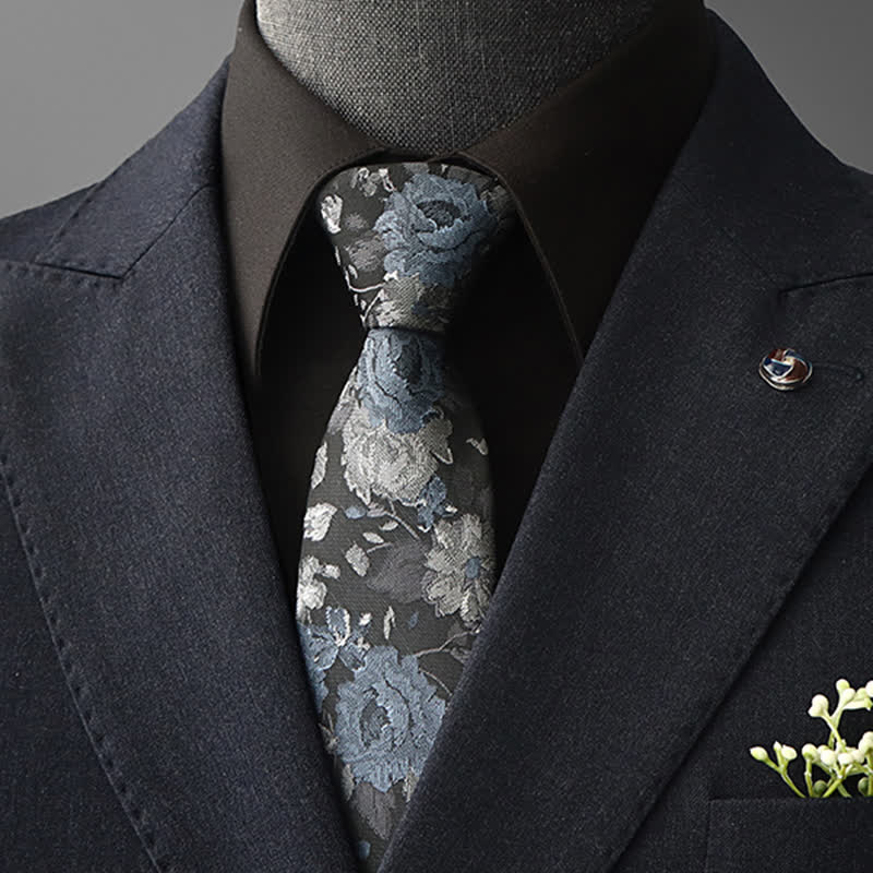 Cravatta da uomo con motivo floreale vintage - Blu e grigio - Da annodare - image 0