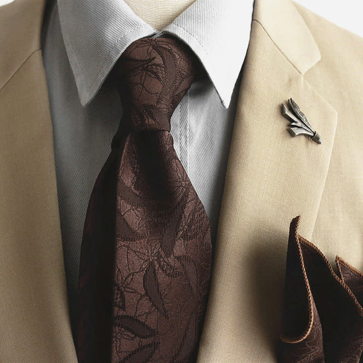 Cravatta da uomo casual con motivo floreale jacquard a foglie - Caffè - image 9