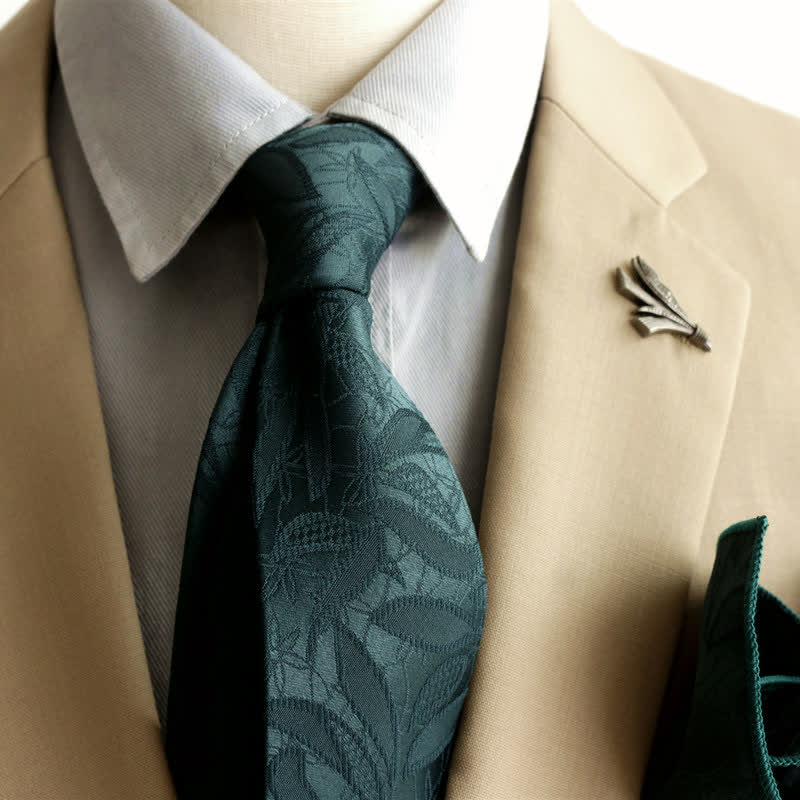 Cravatta casual da uomo con motivo floreale jacquard a foglie - Verde scuro - image 0