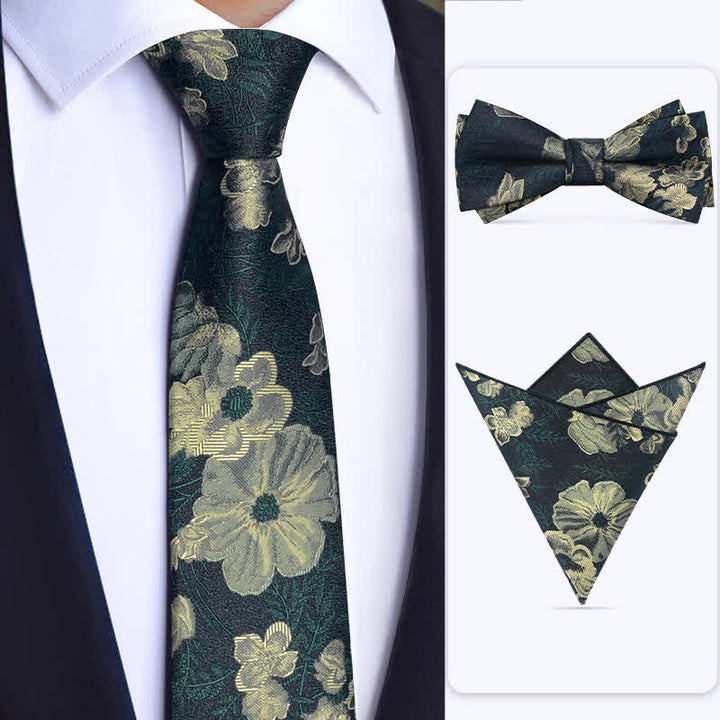 Set di 3 cravatte da uomo con motivo a farfalla e fiori verde scuro