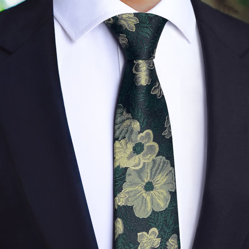 Set di 3 cravatte da uomo con motivo a farfalla e fiori verde scuro