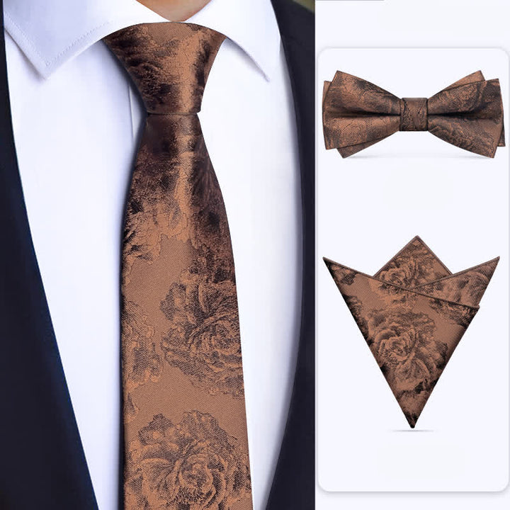 Set di 3 cravatte da uomo vintage in bronzo con motivo a farfalla e fiori