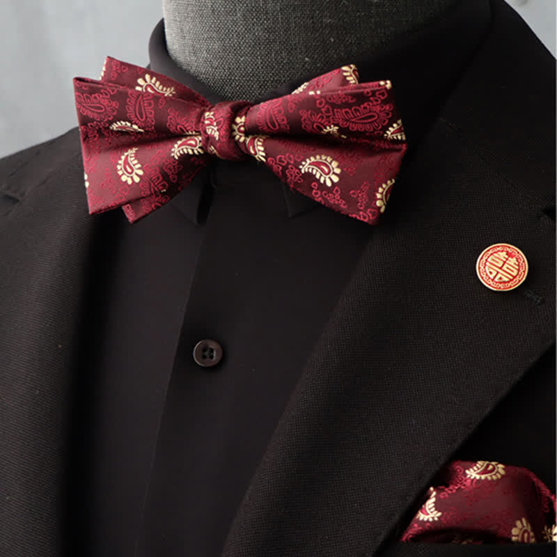 Set di 2 fazzoletti con papillon e motivo floreale bordeaux da uomo