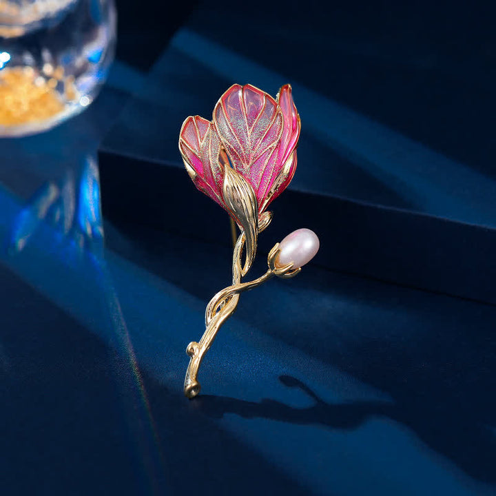 Spilla da donna a forma di fiore di magnolia in smalto
