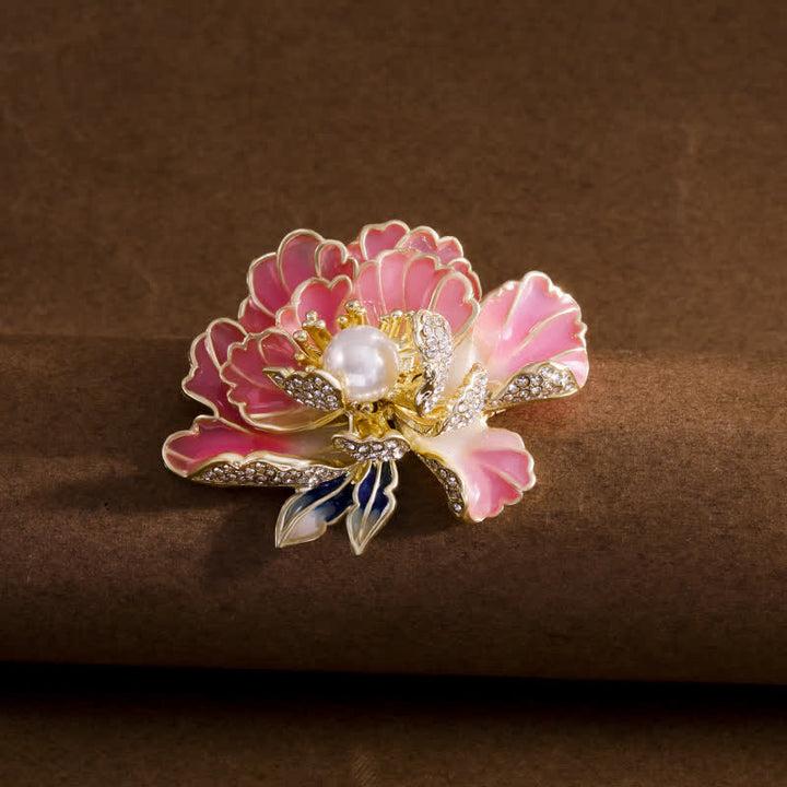 Spilla da donna con peonia smaltata e perle intarsiate