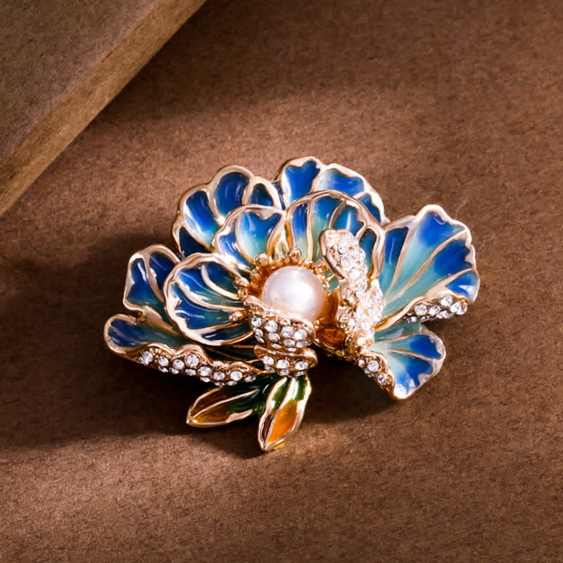 Spilla da donna con peonia smaltata e perle intarsiate - Blu - image 3