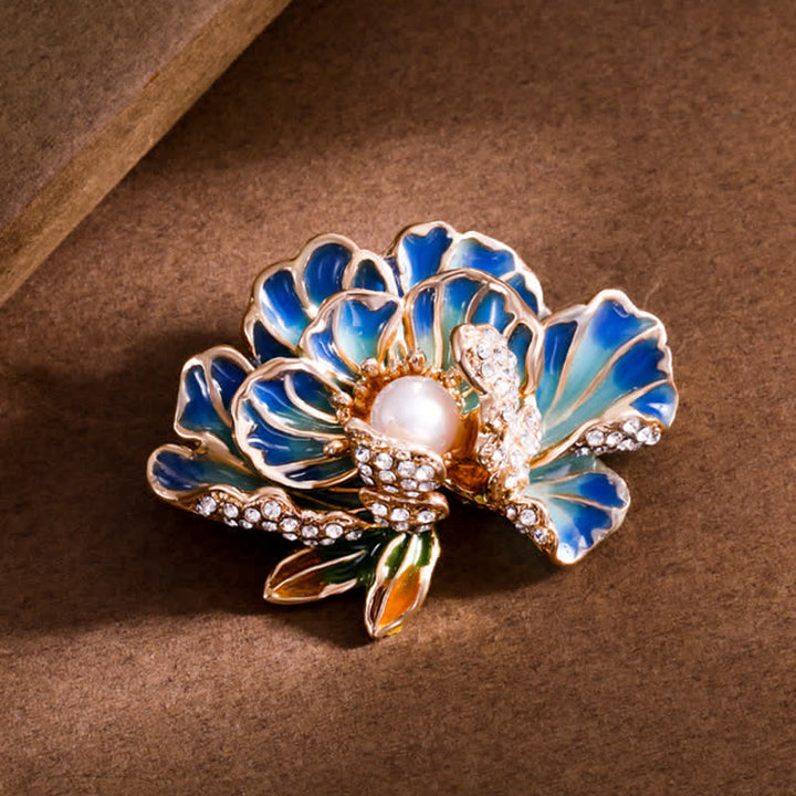 Spilla da donna con peonia smaltata e perle intarsiate - Blu - image 3