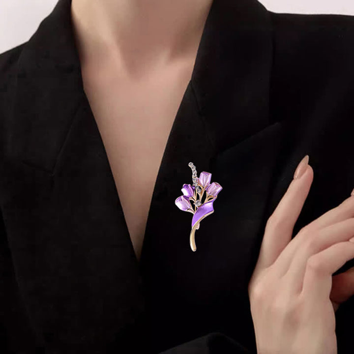 Spilla elegante da donna in smalto dorato a forma di tulipano