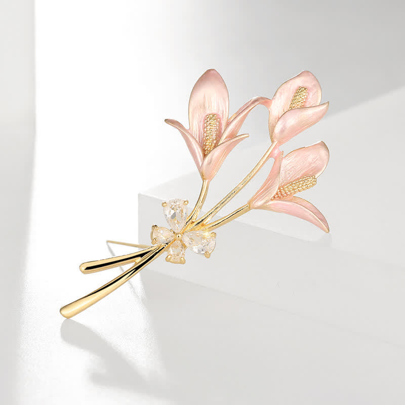 Spilla da donna con fiore di giglio rosa e zircone smaltato