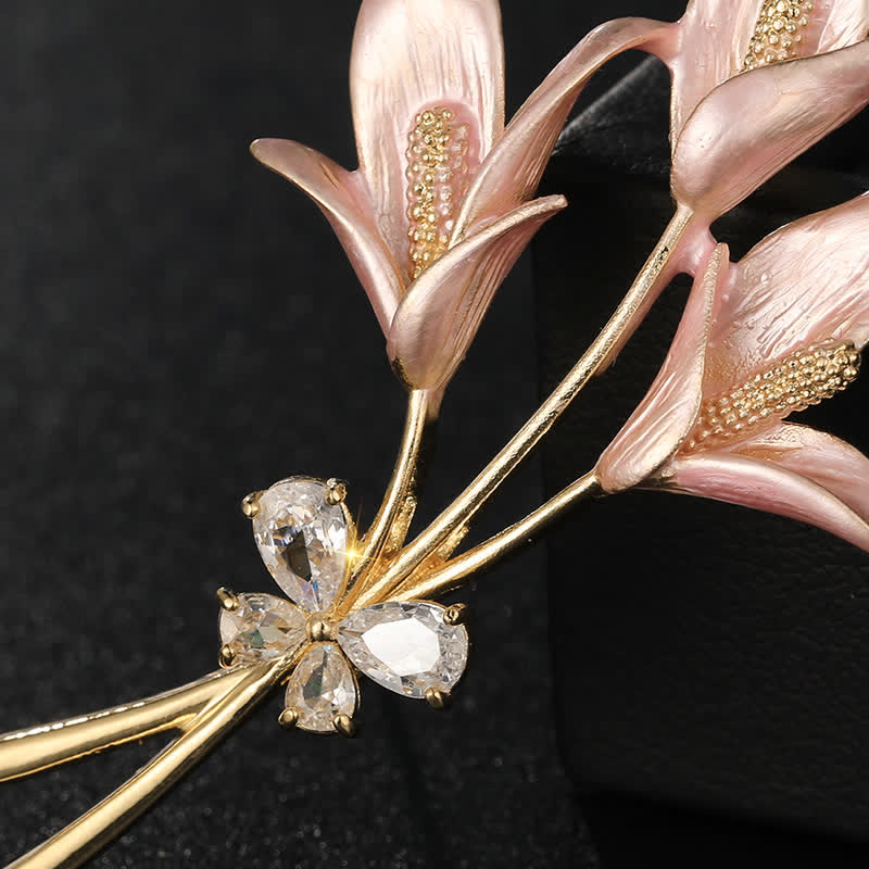 Spilla da donna con fiore di giglio rosa e zircone smaltato