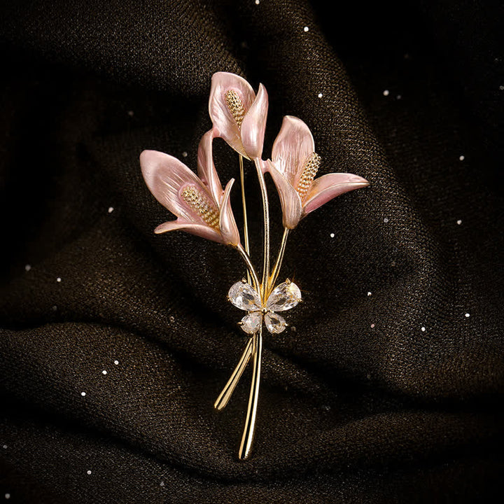 Spilla da donna con fiore di giglio rosa e zircone smaltato