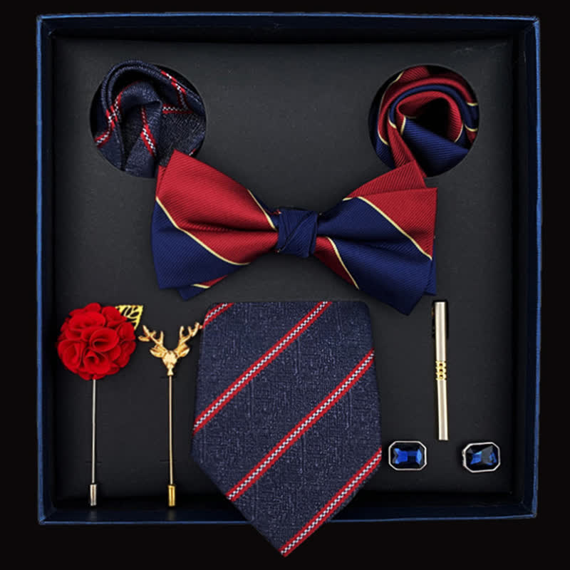 8 pezzi papillon da uomo rosso e blu navy a strisce formali in scatola regalo - Blu marino e rosso - image 0