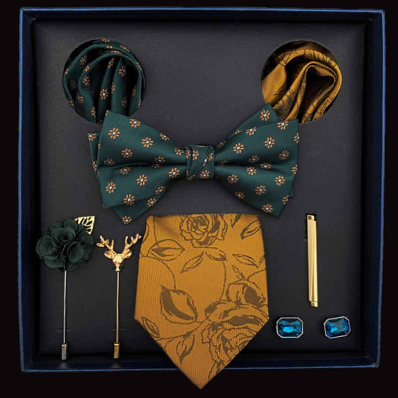8 pezzi da uomo rosa fiore verde scuro Goldenrod papillon scatola regalo - Verde scuro e verga d'oro - image 0