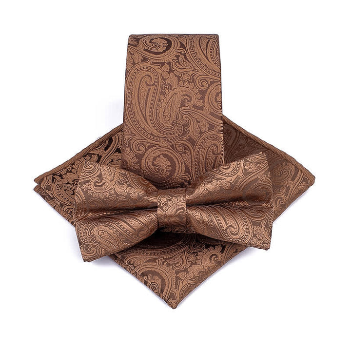 Set di 3 cravatte e papillon da sposo con motivo Paisley da uomo - Marrone - image 1