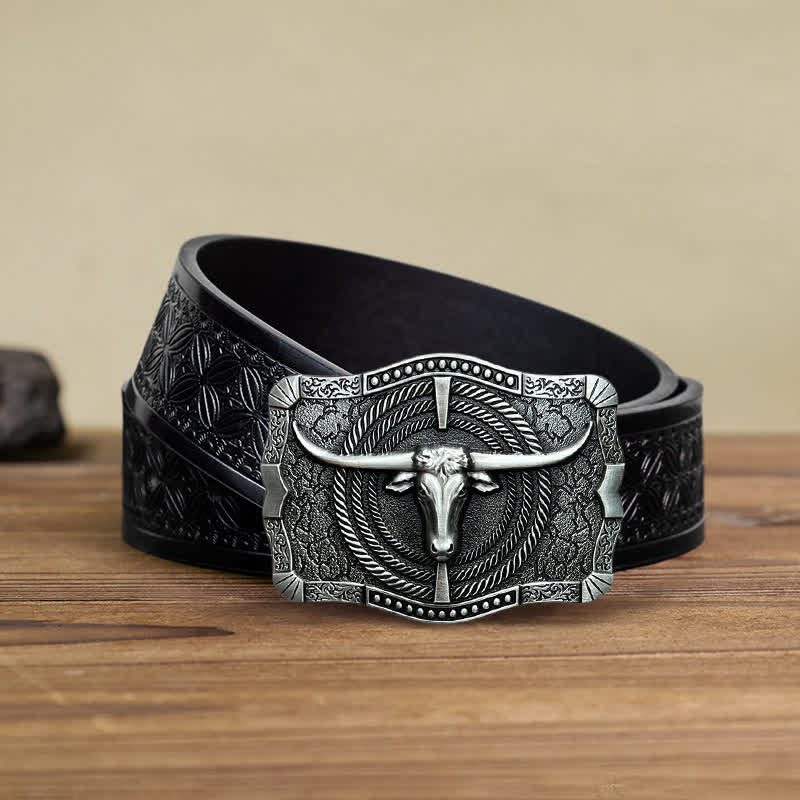 Cintura in pelle con fibbia a testa di toro western fai da te da uomo - Argento - Cintura in tessuto goffrato nero (38) - image 5