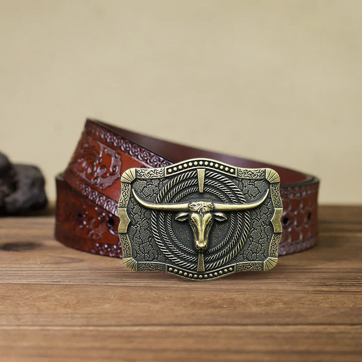 Cintura in pelle con fibbia a testa di toro western fai da te da uomo - Bronzo - Cintura marrone intagliata (40) - image 15