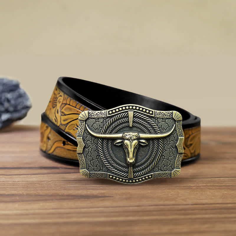 Cintura in pelle con fibbia a testa di toro western fai da te da uomo - Bronzo - Cintura marrone sabbia (40) - image 16