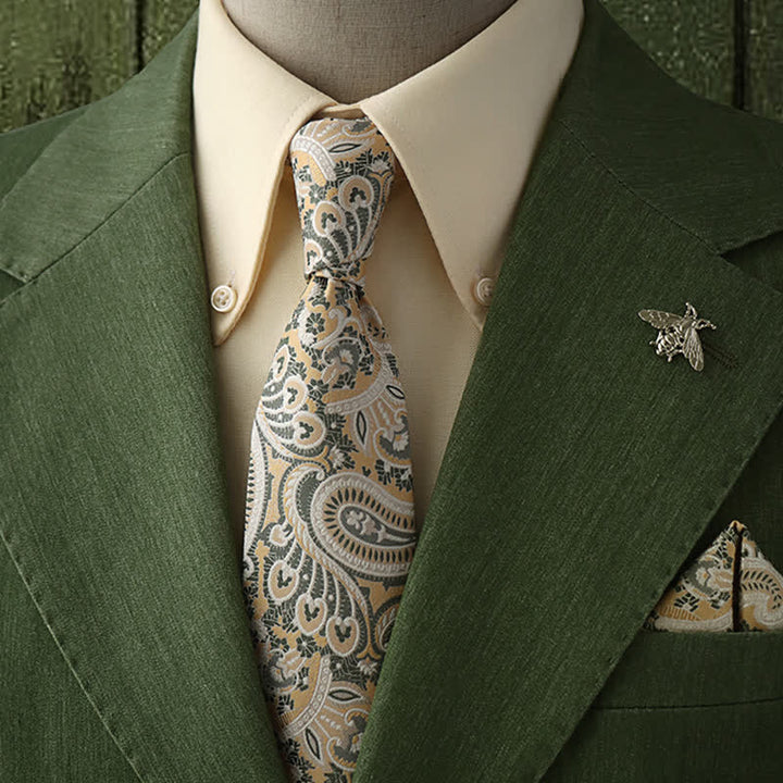 Cravatta da uomo con motivo paisley beige e bianco - Cravatta, fazzoletto da taschino e spilla - image 0