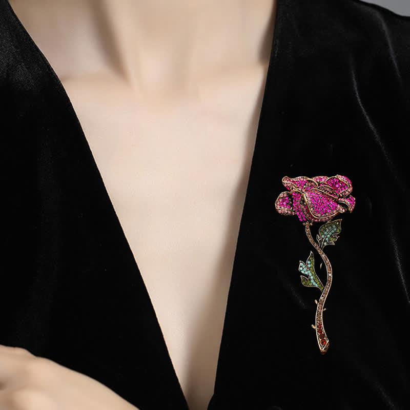 Spilla da donna con strass a forma di rosa a ramo lungo