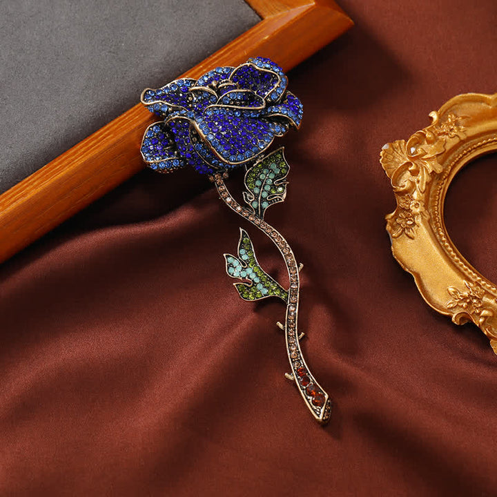 Spilla da donna con strass a forma di rosa a ramo lungo - Blu - image 0