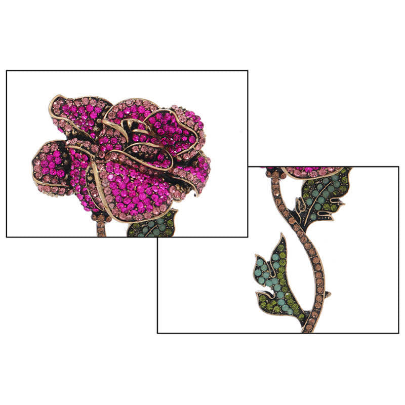 Spilla da donna con strass a forma di rosa a ramo lungo