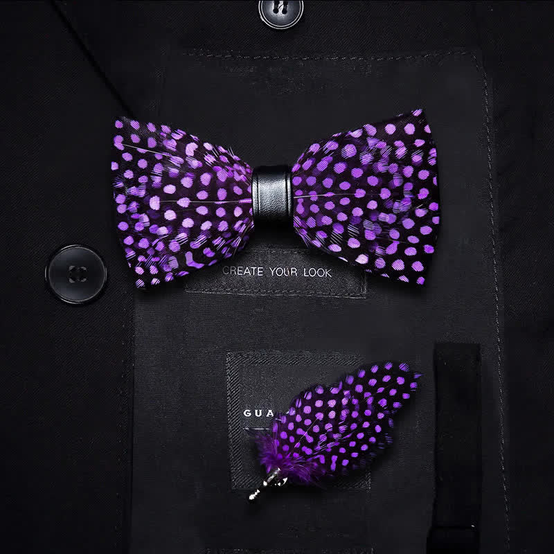 Papillon con piume a pois bianchi viola scuro per bambini con spilla da bavero - Ragazzo - image 0