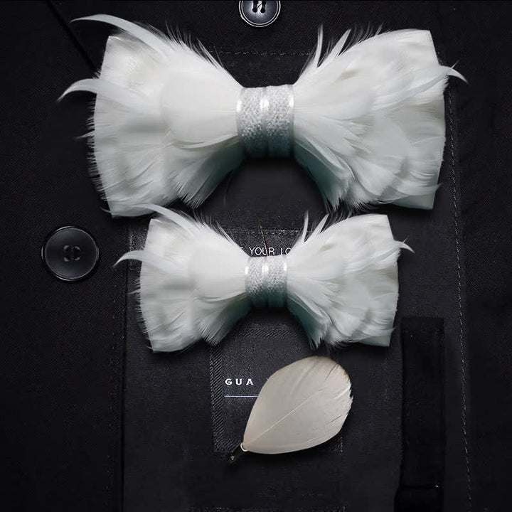 Papillon con piume da principe bianco puro per bambini con spilla da bavero - Set Genitore-Figlio - image 3