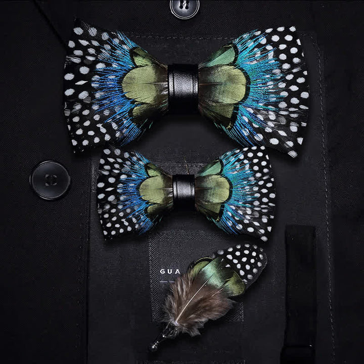 Papillon con piume a pois verdi e blu per bambini con spilla da bavero - Set Genitore-Figlio - image 4