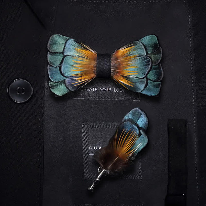 Papillon con piume di girasole verde e arancione per bambini con spilla da bavero