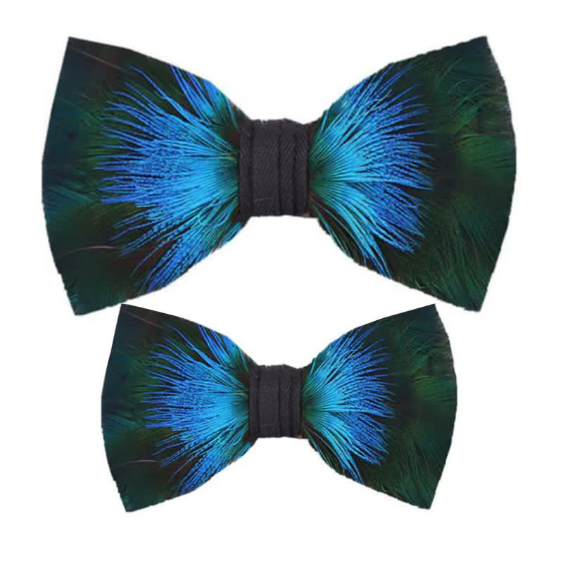 Papillon Aurora blu e verde con piume per bambini e spilla da bavero - Set Genitore-Figlio - image 4