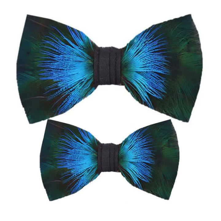 Papillon Aurora blu e verde con piume per bambini e spilla da bavero - Set Genitore-Figlio - image 5