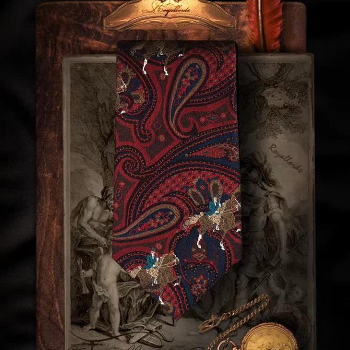 Cravatta da uomo con ricamo a cavallo e motivo Paisley rosso