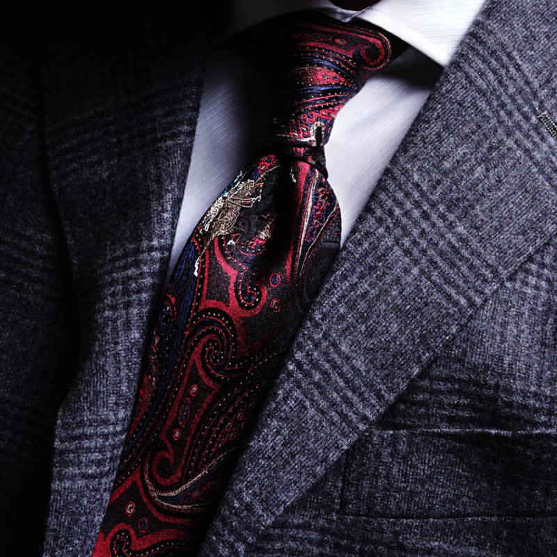 Cravatta da uomo con ricamo a cavallo e motivo Paisley rosso