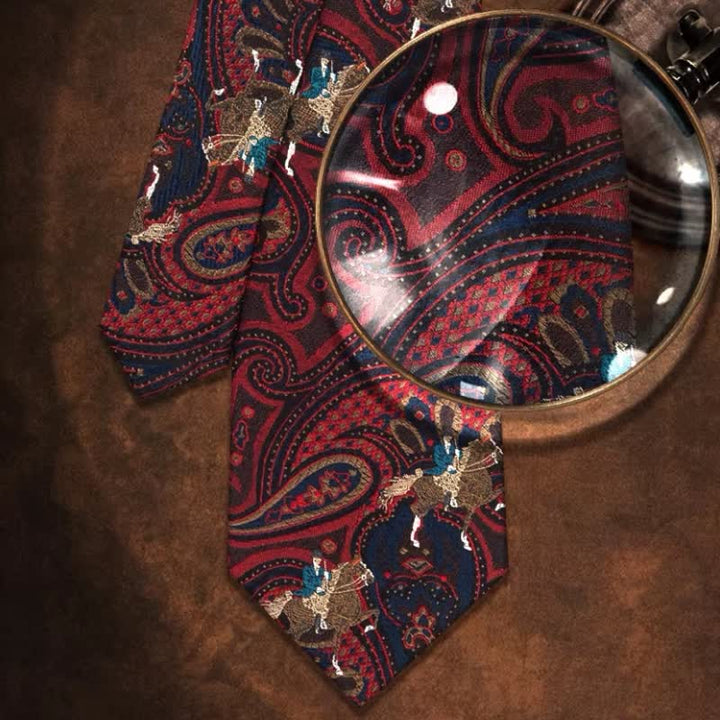 Cravatta da uomo con ricamo a cavallo e motivo Paisley rosso