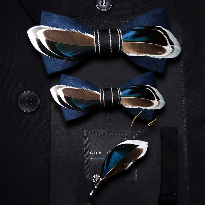 Papillon vintage con piume blu navy e marrone per bambini con spilla da bavero