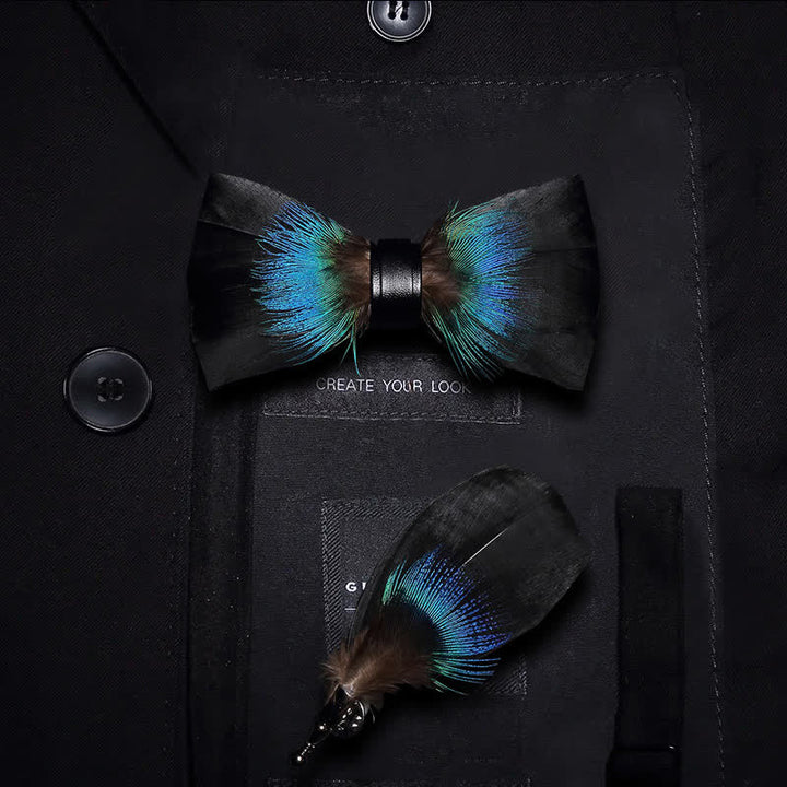 Papillon versatile con piume blu e nere per bambini con spilla da bavero